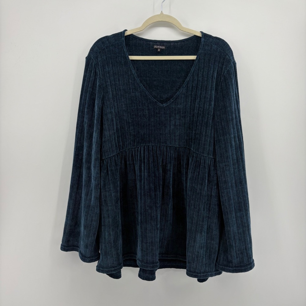 Hannah Womens XL Navy Blue Chenille Top Ribbed V-Neck Empire Waist Babydoll